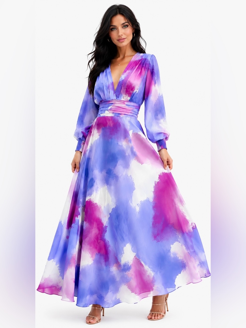 NWT DUOMAR Mango Purple Watercolor Smocked Waist Maxi‎ Dress Medium